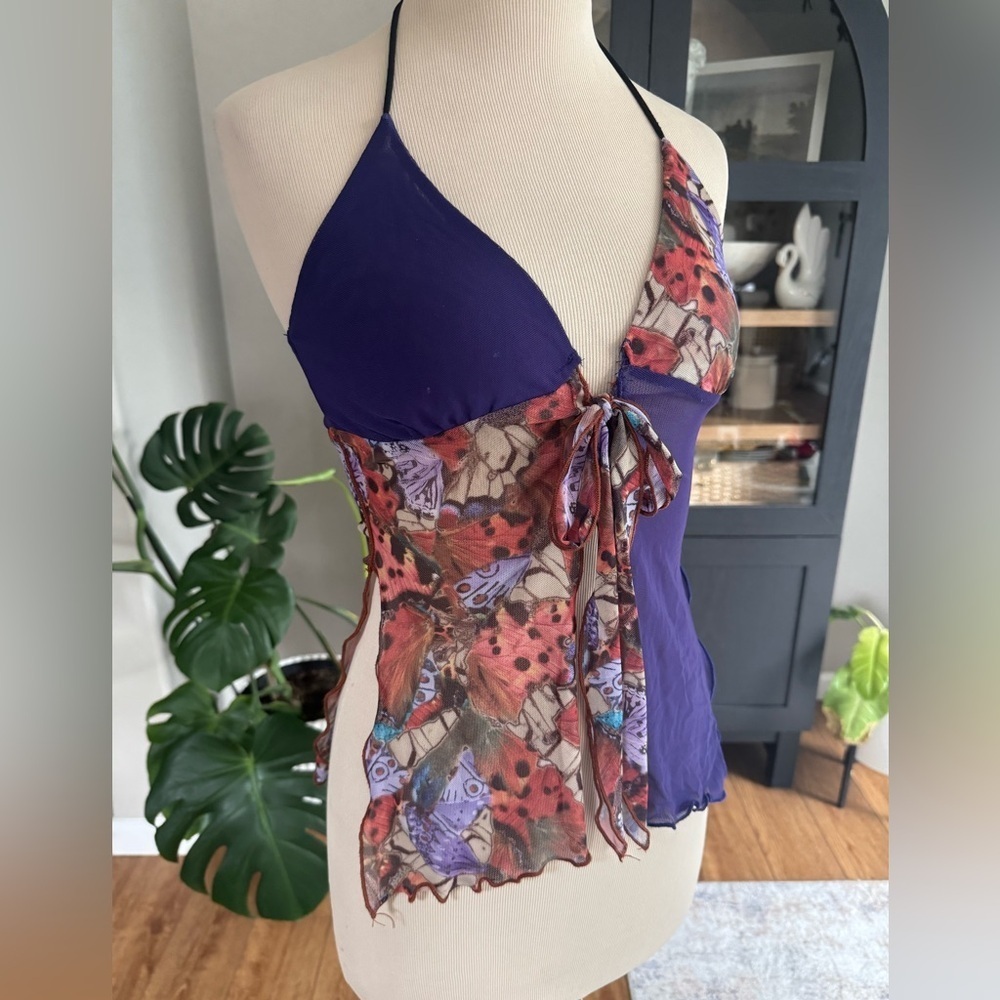 Sheer purple butterfly, front tie-up halter top.